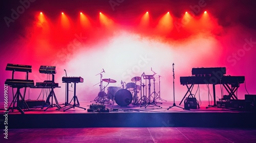 Empty Concert Stage with Instruments and Colorful Dramatic Lighting 