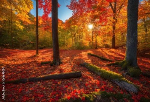 stunning vibrant autumn leaves cascading across scenic nature landscape lush trees clear blue sky, fall, foliage, colors, scenery, park, sunlight, season