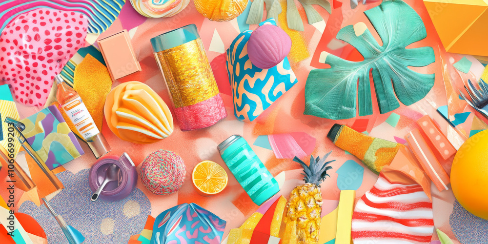 Fototapeta premium A cheerful digital collage of various products on sale, highlighted with bright colors and playful patterns