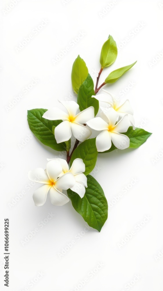 White plumeria flowers bloom on a branch with green leaves against a white background White plumeria flowers bloom on a branch with green leaves against a white background