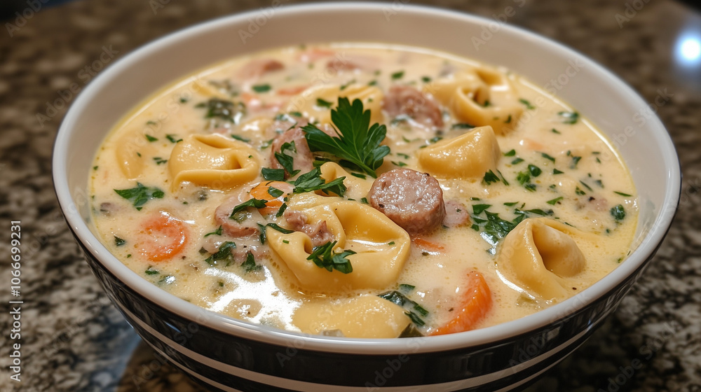 Tortellini soup with sausages and vegetables in a creamy sauce in a bowl Tortellini soup with sausages and vegetables in a creamy sauce in a bowl