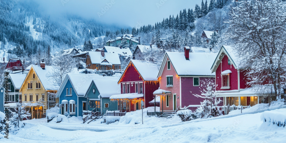 A picturesque winter village scene with colorful houses adorned with holiday lights and fresh snow on rooftops