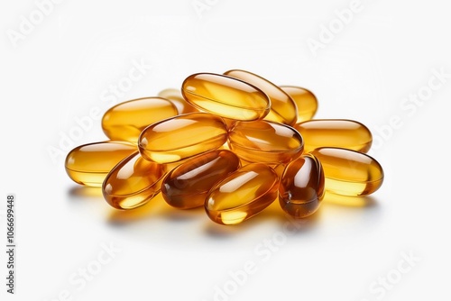 Golden color oil in soft gel capsule isolated on white background. Clipping path. Fish oil capsule isolated on white background