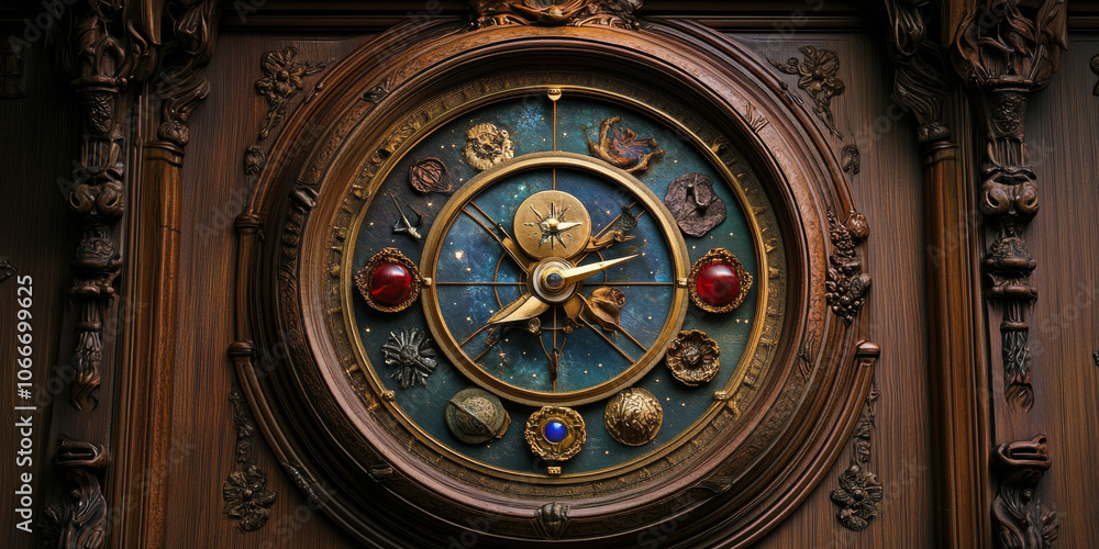 Obraz premium A mystical clock with celestial symbols, representing the connection between time and the universe's magic