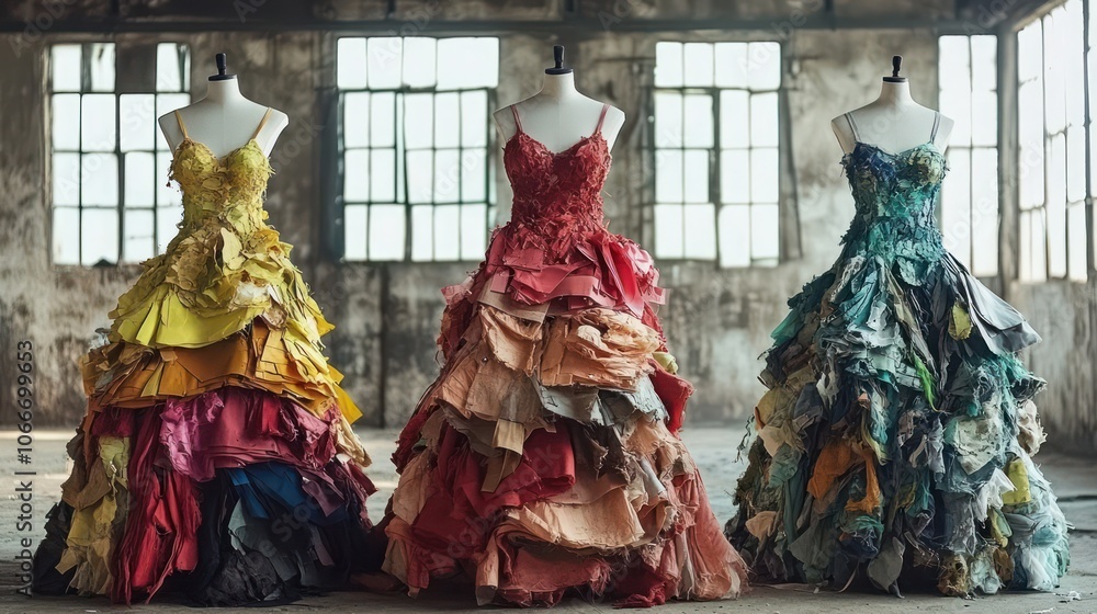 Naklejka premium Designers creating upcycled fashion pieces from recycled materials, giving old clothes new life. Illustrations