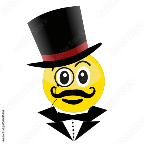 Expression d'un visage avec moustache sur émoticône, avec chapeau haut-de-forme sur la tête	