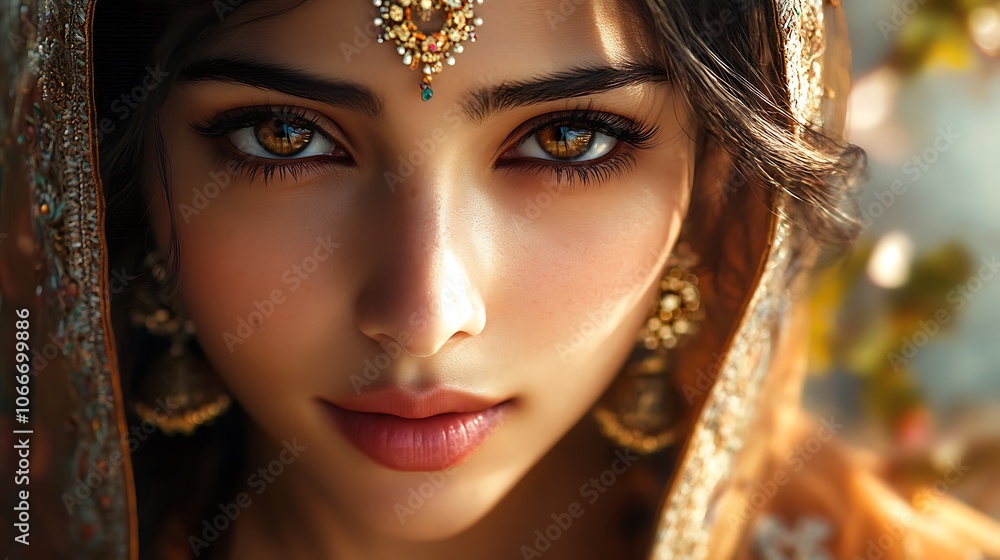 Close-up portrait of a woman wearing a traditional sari with intricate embroidery, her face softly illuminated by warm natural light, eyes expressing serenity as she gazes into the camera. Close-up portrait of a woman wearing a traditional sari with intricate embroidery, her face softly illuminated by warm natural light, eyes expressing serenity as she gazes into the camera.