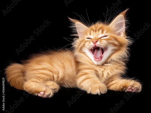 A head shot of a yawning red tabby Maine Coon kitten (Orchidvalley) isolated on black photo