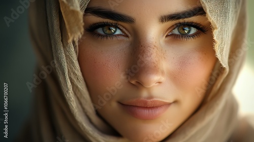 Detailed close-up of a woman wearing a hijab, face softly glowing under natural light, showcasing her gentle smile and expressive eyes. Background blurred with soft tones, hd resolution,