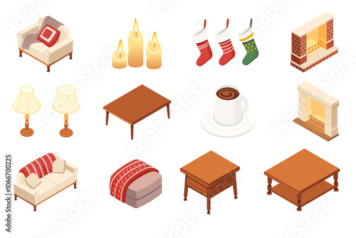 Isometric design of cozy home decor items sofas, candles, stockings, and a fireplace, representing warmth and relaxation. Ideal for holiday, interior design, and lifestyle themes. Vector illustration