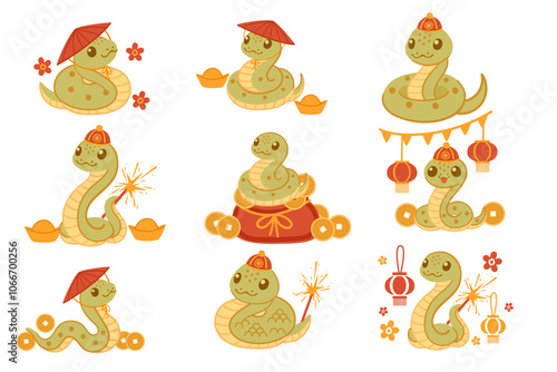 Collection of cute snake characters with traditional hats, lanterns, and fireworks, representing Chinese cultural elements. Perfect for holiday, celebration, and festival themes. Vector illustration