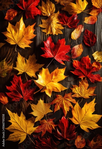 Wallpaper Mural vibrant fall leaves vivid colors scattered across textured wooden surface creating beautiful autumn table display, orange, yellow, green, brown, nature Torontodigital.ca