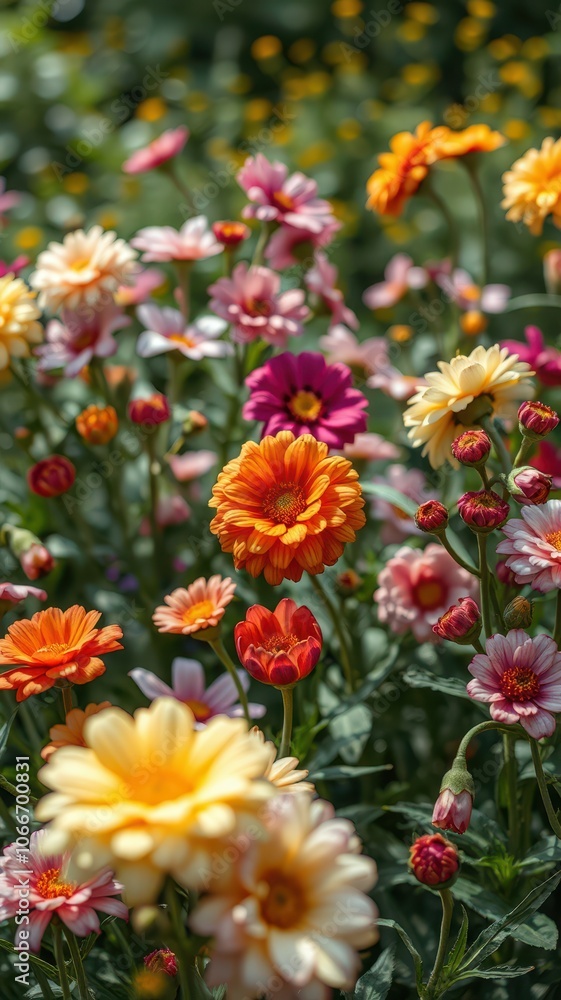 A vibrant flower garden boasts a variety of colorful blooms on a sunny day A vibrant flower garden boasts a variety of colorful blooms on a sunny day