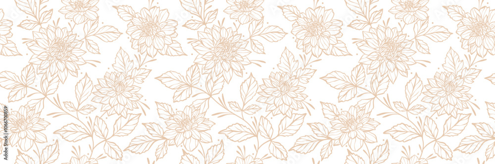 Dahlia vector banner, seamless repeating floral pattern, elegant flower illustration background, wide horizontal cover design