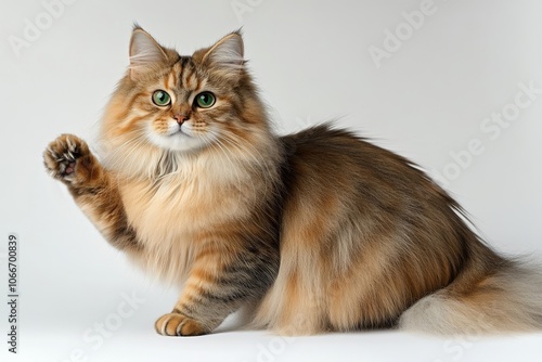 The charming curious cat Scottish Straight stands with raised paws on a white background in this portrait