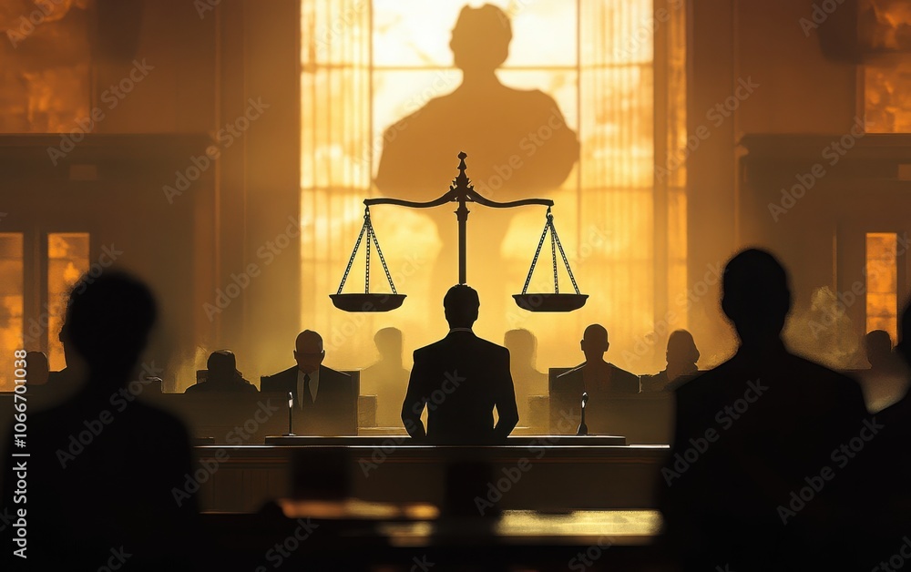 A lawyer stands confidently in front of the giant scales of justice in a courtroom, with a blurred background that focuses attention on the table. A lawyer stands confidently in front of the giant scales of justice in a courtroom, with a blurred background that focuses attention on the table.