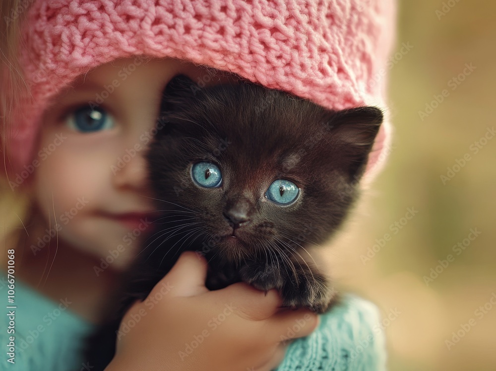 Φωτογραφία Picture of a cute little girl rocking and holding a small black pussycat