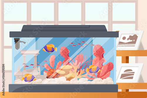 Aquarium with colorful coral, fish, and underwater plants by a window with artwork, representing a serene home setting. Perfect for relaxation, decor, and pet care visuals. Vector illustration