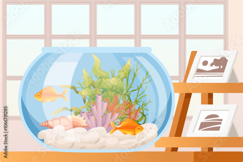 Round fish bowl with aquatic plants and fish, placed beside a decorative stand, representing home decor and relaxation. Suitable for lifestyle, pet care, and nature themes. Vector illustration