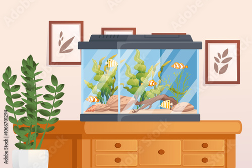 Rectangular fish tank on a wooden cabinet with plants and fish, symbolizing a modern indoor aquarium setup. Ideal for home decor, interior design, and relaxation visuals. Vector illustration