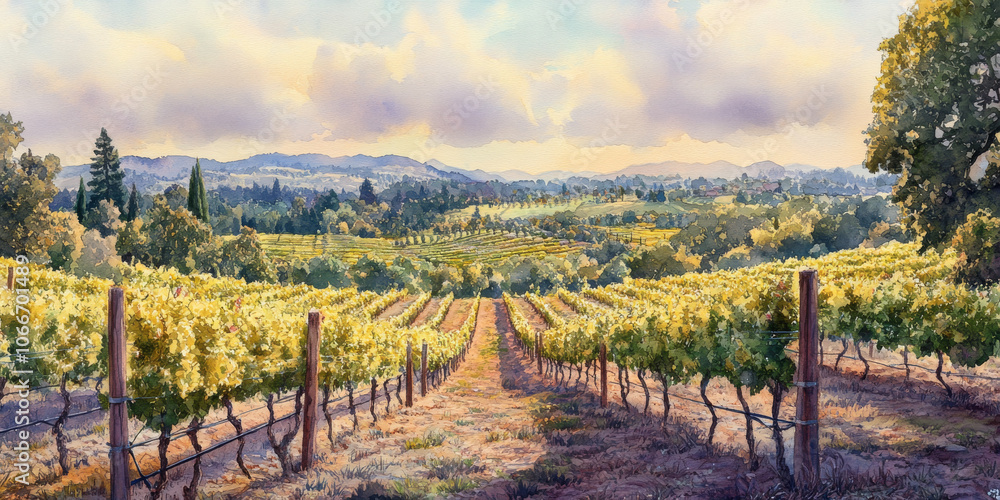 Fototapeta premium Hand painted watercolor of a lush vineyard with rows of grapevines under a bright summer sky