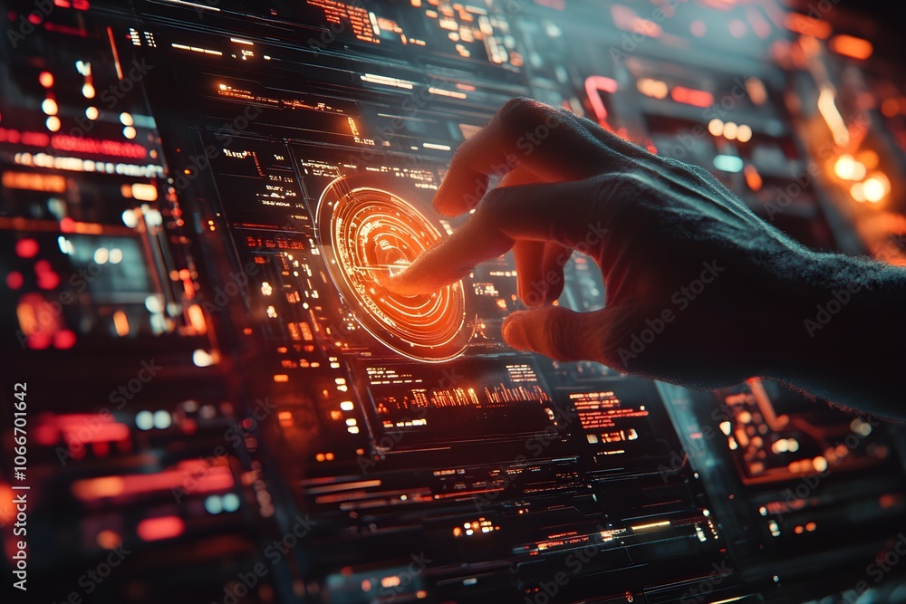 Futuristic digital interface with an interactive hand demonstrates technology and data. Generative AI. Futuristic digital interface with an interactive hand demonstrates technology and data. Generative AI.