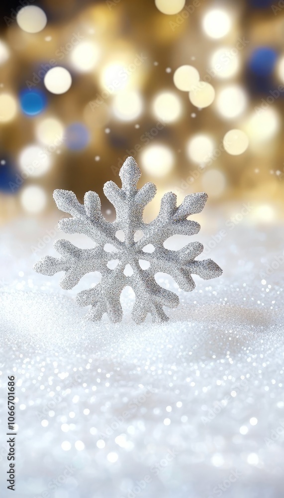 Sparkling Christmas Background, White Snowflake Decoration on Snow With Golden Bokeh Effect. Sparkling Christmas Background, White Snowflake Decoration on Snow With Golden Bokeh Effect.