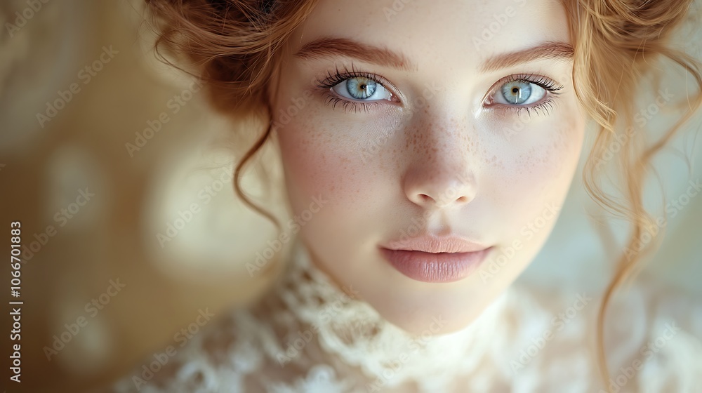 Fototapeta premium Elegant close-up of a woman in a Victorian dress, her expressive eyes and gentle smile glowing under warm natural light. Background subtly featuring blurred antique decor, hd quality, soft focus,