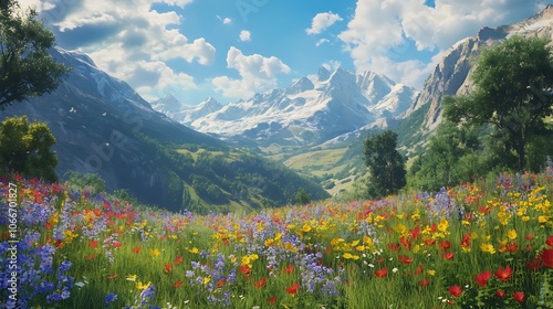 Colorful Wildflowers Blooming in a Mountain Valley Meadow