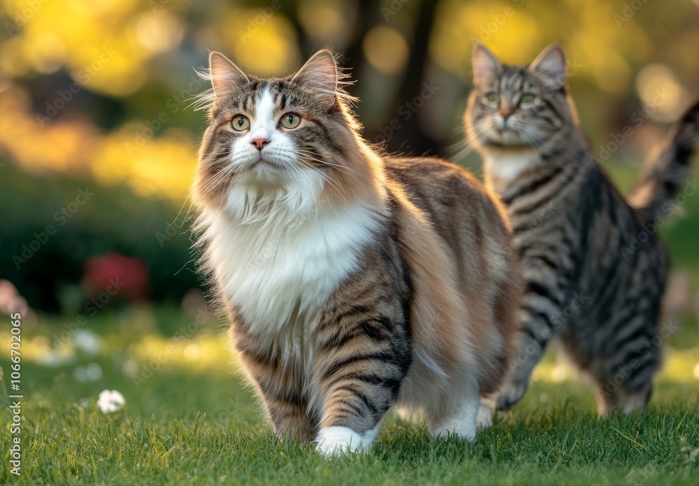 A sunny warm day in may finds two cats running across a green meadow A sunny warm day in may finds two cats running across a green meadow