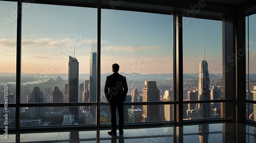 Business professional by a high-rise window, overlooking the city and contemplating.