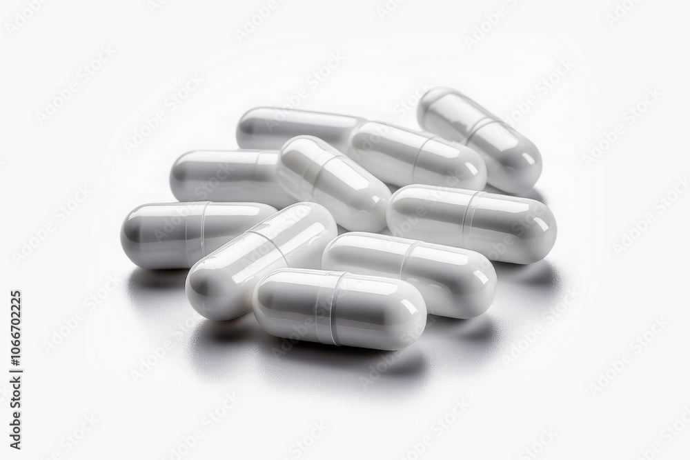 White gel medical capsules, group of vitamin supplement pills or drugs for treatment, isolated on white background, medicine and healthcare concept, top view White gel medical capsules, group of vitamin supplement pills or drugs for treatment, isolated on white background, medicine and healthcare concept, top view