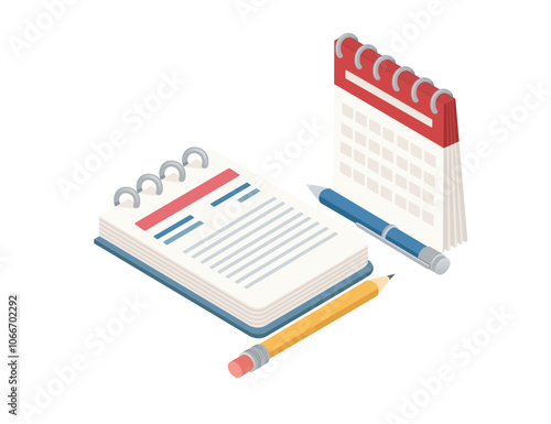 Isometric style stationery items like a notebook, calendar, pen, and pencil, symbolizing organization, planning, and productivity. Ideal for educational, office, and planning. Vector illustration