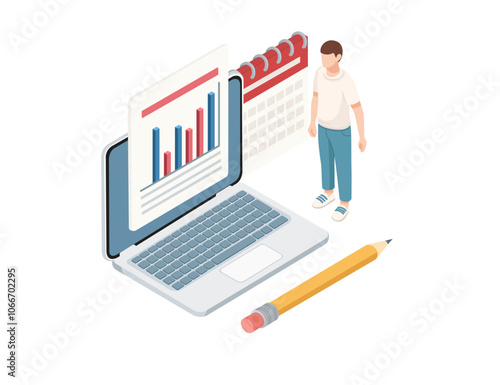 Isometric style digital workspace with a laptop, calendar, and a person with a pencil. Planning, data analysis, and productivity. Suitable for business and educational themes. Vector illustration