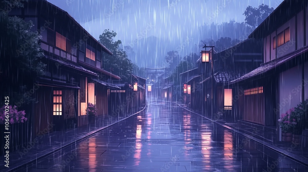 A rainy night in a Japanese village with traditional houses, lanterns, and a wet street reflecting the lights. A rainy night in a Japanese village with traditional houses, lanterns, and a wet street reflecting the lights.