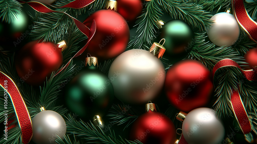 Fototapeta premium Festive Christmas Background with Red, White, and Green Ornaments in an Ultra-Detailed, Realistic High-Resolution Photoshoot
