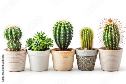 Closeup of succulent cacti plants, each in a brown terracotta pot, isolated on white background