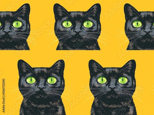 The background of the pattern is yellow, with black cats.