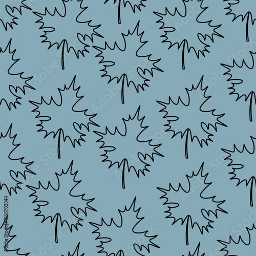 Maple leaf. Sketch. Seamless vector pattern. Outline on isolated blue background. Doodle style. Endless ornament of leaves. Leaf shape is crown-shaped. Idea for web design.
