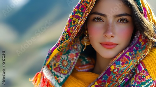 Portrait of a woman in a colorful Peruvian pollera, her face illuminated by soft natural sunlight, showing a proud and serene expression. Background blurred with subtle mountain peaks,