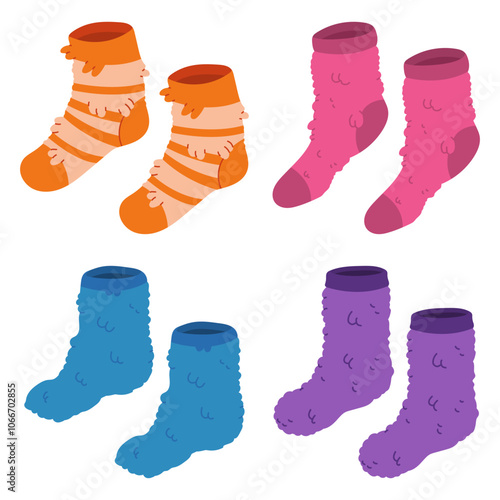 Fuzzy socks vector cartoon set isolated on a white background.