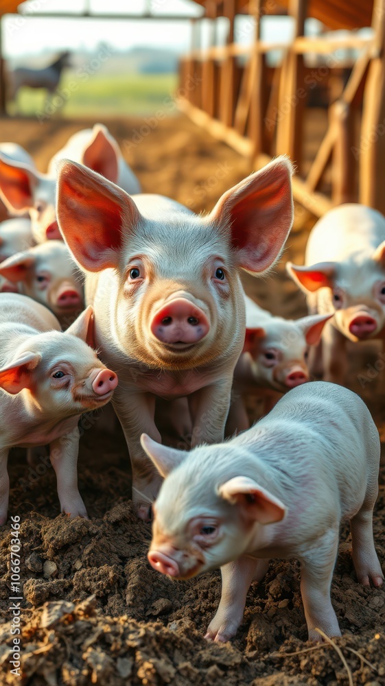 A group of piglets stand in a pen, their pink snouts and large ears visible A group of piglets stand in a pen, their pink snouts and large ears visible