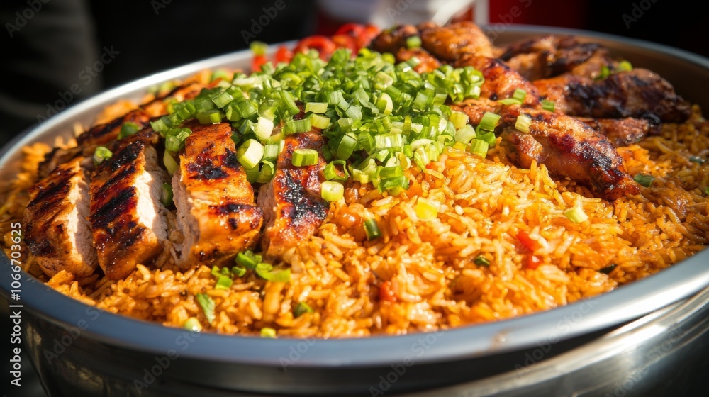 Grilled Chicken on Rice with Fresh Green Onions Grilled Chicken on Rice with Fresh Green Onions