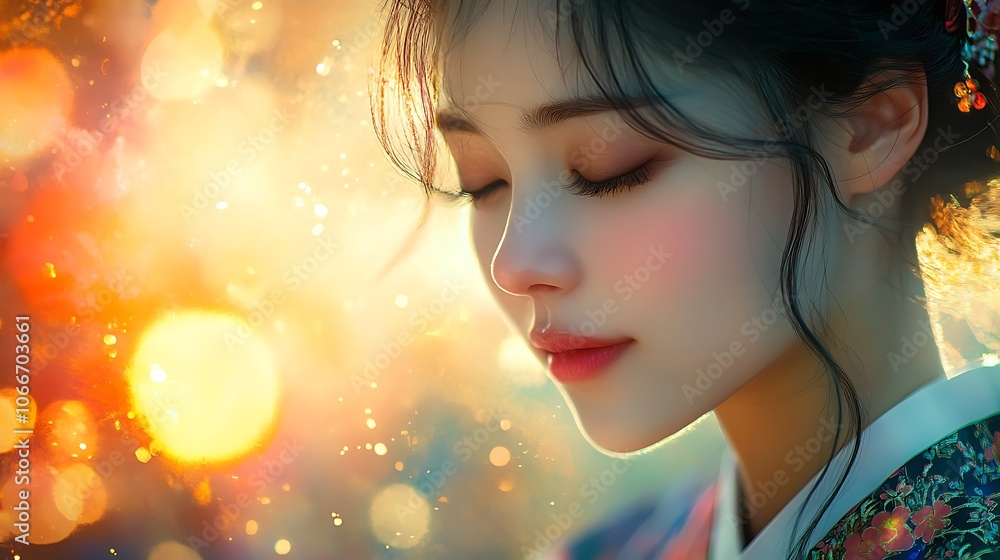 Portrait of a woman in a hanbok, her face glowing under soft, warm light with a gentle, calm smile. Background subtly featuring blurred traditional Korean patterns, hd detail, artistic light, Portrait of a woman in a hanbok, her face glowing under soft, warm light with a gentle, calm smile. Background subtly featuring blurred traditional Korean patterns, hd detail, artistic light,