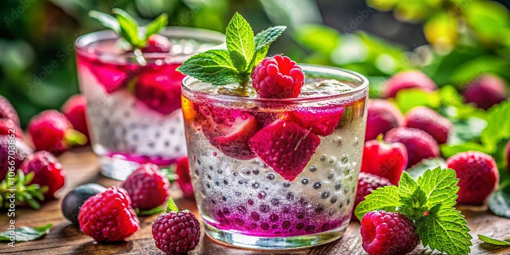 Refreshing Raspberry and Dragon Fruit Mint Soda in a Bright Summer Setting with Macro Photography Refreshing Raspberry and Dragon Fruit Mint Soda in a Bright Summer Setting with Macro Photography