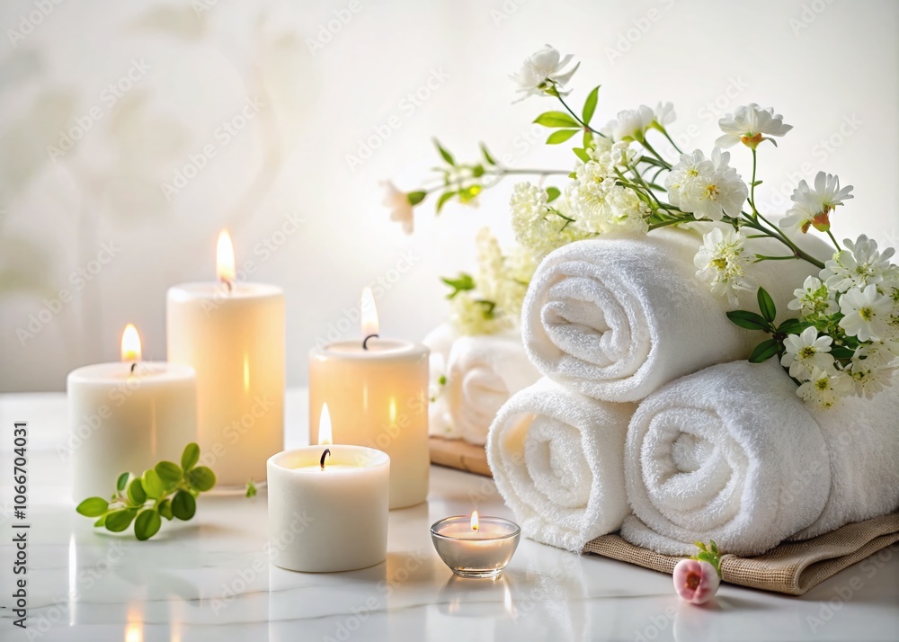 Relaxing Spa Essentials: Towels, Candles, and Floral Accents for a Serene Atmosphere Relaxing Spa Essentials: Towels, Candles, and Floral Accents for a Serene Atmosphere