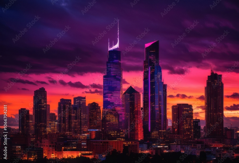Fototapeta premium captivating city skyline silhouettes dusk featuring vivid colors unique cloud patterns darkening sky, clouds, buildings, architecture, urban, night
