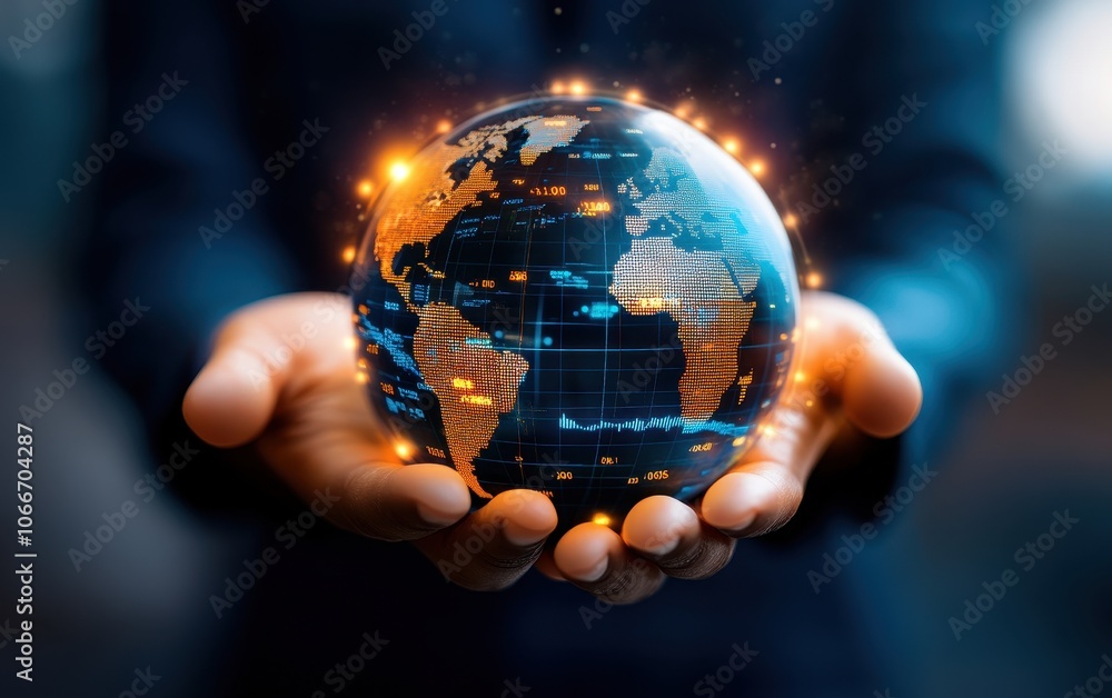 Hands holding a glowing globe with lights. Hands holding a glowing globe with lights.