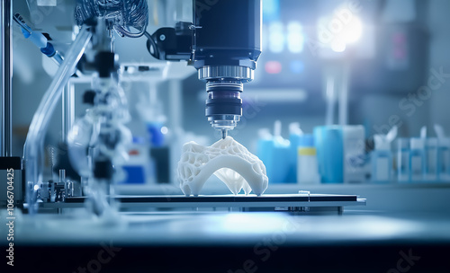 Close-up of a 3D printer crafting a complex medical model in a laboratory, focusing on precision and innovation in healthcare technology. photo