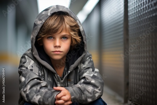 Portrait of a little boy in a hooded jacket and jeans